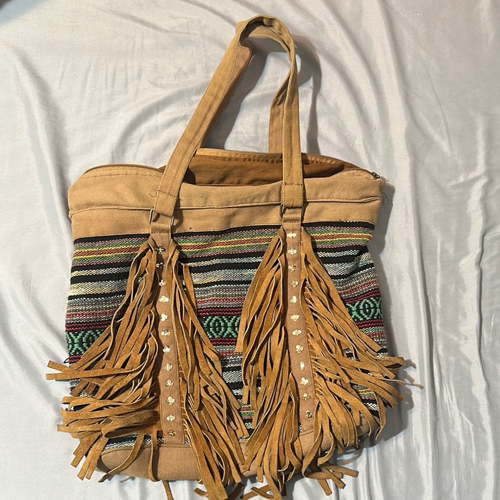 Boho Fringe Tote Bag in Tan with Multicolor Weave